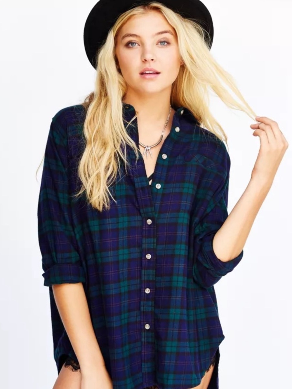 Plaid Button-Up Shirt - Blue Green Plaid